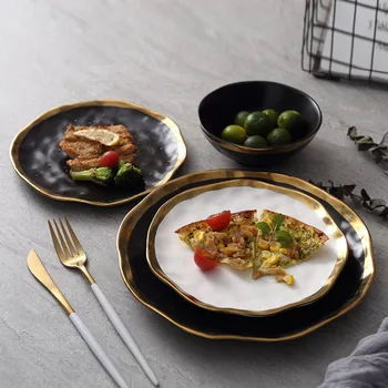Keraamilised Õhtusöök Plaat Kuld inlay Suupiste Nõud Luksus-Kuld Plaadi Servad Dinnerware Köögis Plaat, Must Ja Valge Plaat Tablware Komplekt