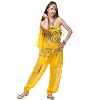 Naiste Bollywood Bellydance Kostüüm Idamaine Kõhutants Kostüümid Komplekt Müügiks 5 Tk Ülalt Püksid Loor, Sall, Vöö India Kleit