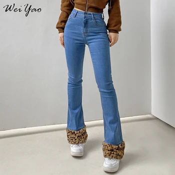 WeiYao Segast Leopard Boot-Cut Teksad Naiste Vintage Y2K Esteetiline 90s Streetwear Denim Püksid Madal Vöökoht Sale Põletatud Püksid