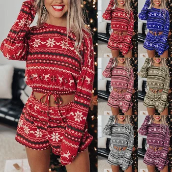 2021 Naiste Jõulud Pajama Komplekti Pikad Varrukad Crop Top, lühikesed Püksid 2tk Komplekt Xmas Lumehelves Prindi Koo Kuulu Homewear S-XXL