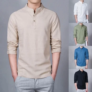 Camisa de lino transpirable para hombre, Jersey de manga larga con cuello levantado, ropa de negocios de Värvi sólido, novedad,