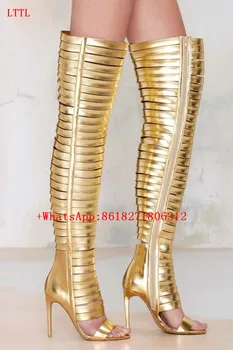 Chaussure Femme Metallik Kuldsed Sandaalid Avatud Varvas Gladiaator Lõigatud Boot Sandal Kõrge Heeled Reie Kõrge Säärega Saapad Suvel Botas Mujer