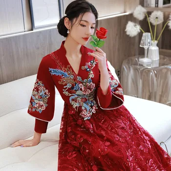 Hiina Tikitud Pulm Kleit Occurence Cheongsam Naistele Vein Punane õhtukleit Kostüüm Qi Pao Elegantne Pikk Kleit