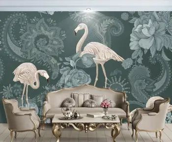 Kohandatud suure 3D seinamaaling tapeet luksus luksus retro flamingo Euroopa seina taustal lilled
