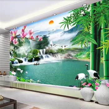Kohandatud taustpildi 3d murals voolav vesi rikkus bambusest jade orhidee maastiku juga 3D taust seina paber 3d papier peint