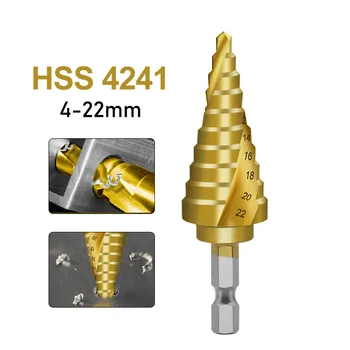 Kõrge Kvaliteediga 4-22mm Titaan Kaetud Pagood Kuju Step Drill Bit HSS Spiraalne Soon Hex Varre Auk Puurida Koonus Drill Bit Step Drill