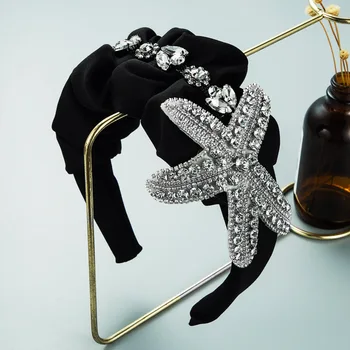 Liialdatud Isiksuse Crystal Meritäht Peapael Antiik Luksus Juuksed Ornament Must Riie Hairband Plisseeritud Lai Pea Hoop