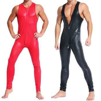 Mens Bodysuits Pesu Avatud Jalgevahe Lukuga PU Nahk Jumpsuits Borat Mankini Erootiline Kostüüm Püksid Särgikud Gay Bodystocking