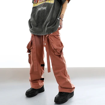 Multi-taskud rasketööstuse Tiivad Mens Cargo Püksid Elastne Vöökoht Sirge Lai Jalg Paar Tunked Retro Streetwear Püksid