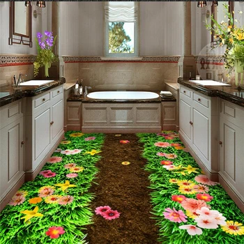 wellyu Värske roheline muru, lille aed vannituba 3D korrus, kohandatud suur fresko pvc paks veekindel kantavad korrus kleebised